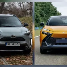 Dwa modele Toyoty: szary C-HR Hybrid na tle jesiennego lasu i żółty na torze wyścigowym.