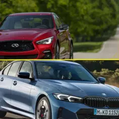 Czerwony Infiniti G35 i niebieski BMW na drodze.