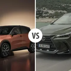 Porównanie dwóch SUV-ów Lexus: kompaktowego LBX i większego, z napędem hybrydowym, Lexus UX 300h, na tle krajobrazu.