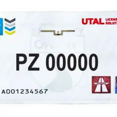 Tablica rejestracyjna PZ 00000 z logo UTAL License Plate Solutions. GTC rejestracja.