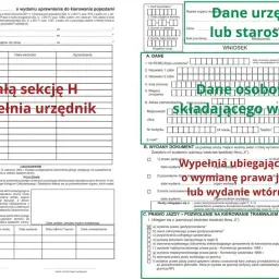 Wniosek o wydanie wtórnika prawa jazdy. Sekcja H wypełnia urzędnik, a dane osobowe składa osoba ubiegająca się o wydanie dokumentu.