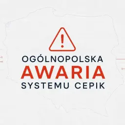 Ogólnopolska awaria systemu CEPiK. Na mapie Polski widnieje czerwony wykrzyknik w trójkącie.