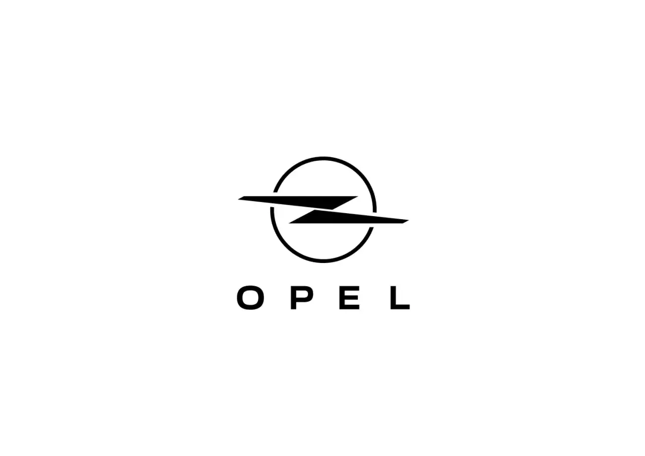 Czarny symbol błyskawicy w okręgu, poniżej napis OPEL.