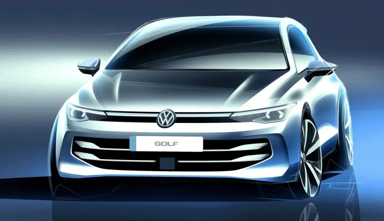 Srebrny Volkswagen Golf 9 z nowoczesnym designem, ostrymi liniami i charakterystycznym logo.