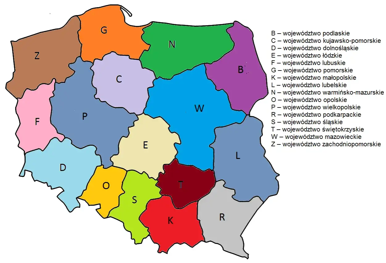 Mapa Polski z podziałem na województwa, oznaczone literami. Gdzieś w tym regionie jest gtc rejestracja.