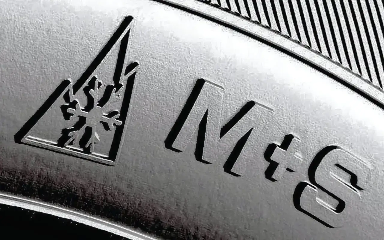 Oznaczenie opon zimowych: symbol płatka śniegu w trójkącie i napisy M+S.