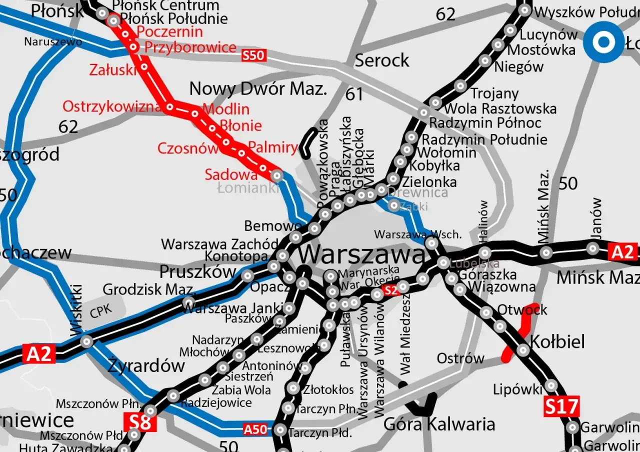 Mapa drogowa z zaznaczoną trasą S50, wschodnia obwodnica Warszawy, biegnie przez Płońsk, Nowy Dwór Mazowiecki, Palmiry i dalej na południe.