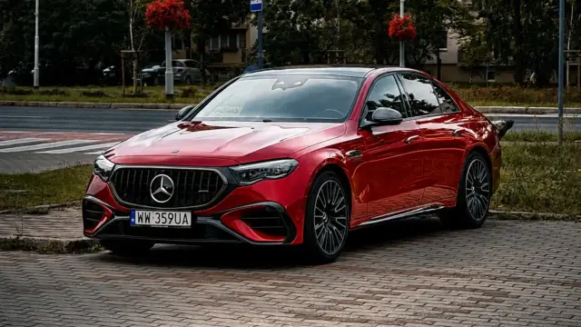 Błyszczący czerwony Mercedes-AMG E53 na brukowanym chodniku, gotowy do dynamicznej jazdy.