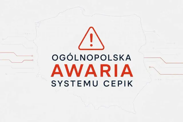 Ogólnopolska awaria systemu CEPiK. Na mapie Polski widnieje czerwony wykrzyknik w trójkącie.